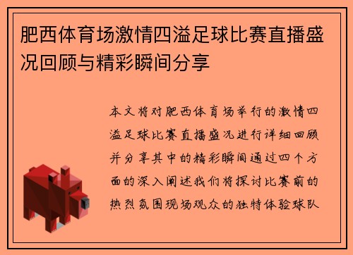 肥西体育场激情四溢足球比赛直播盛况回顾与精彩瞬间分享